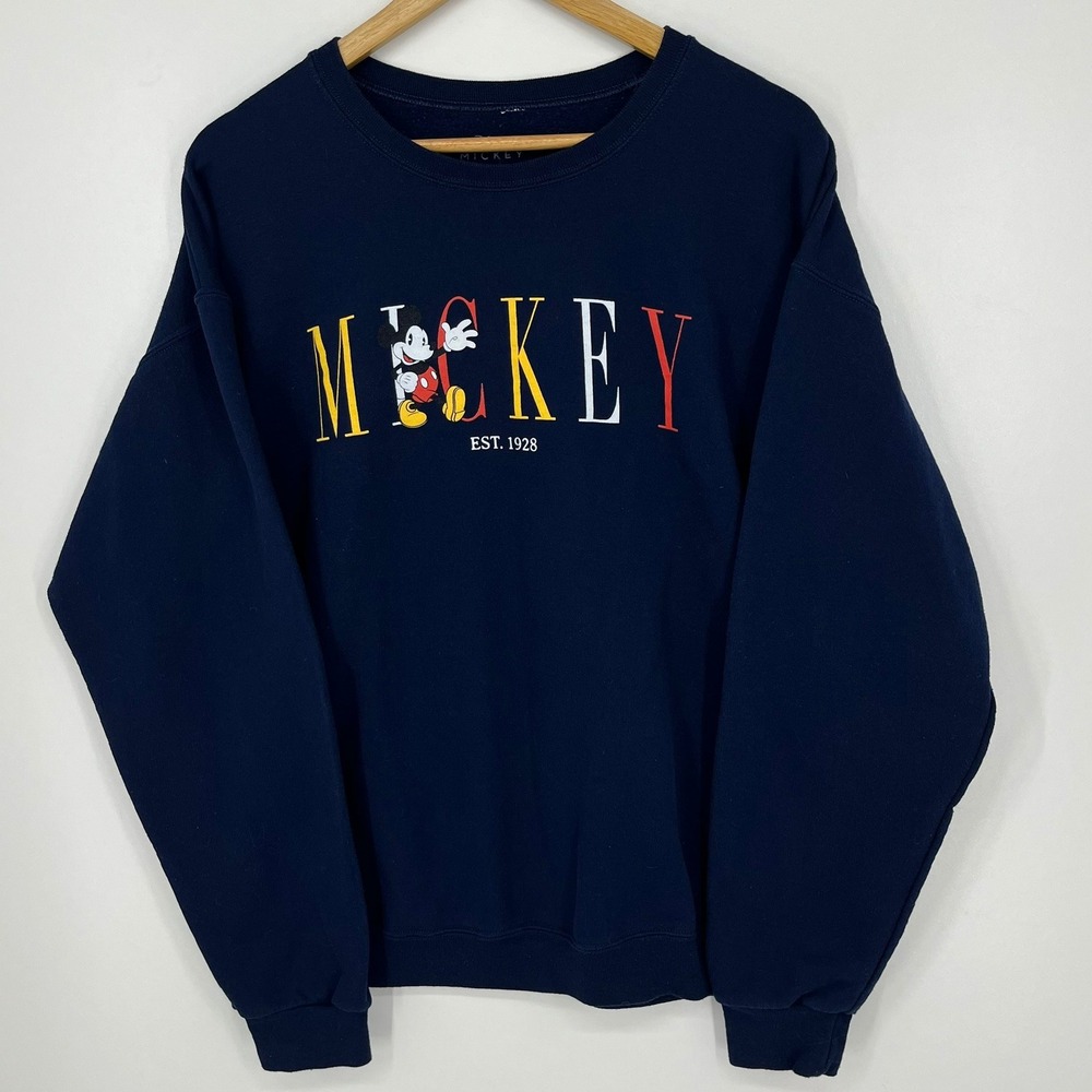 Disney Mickey Mouse Est 1928 Navy Blue Graphic Crewneck Sweatshirt Mens Large